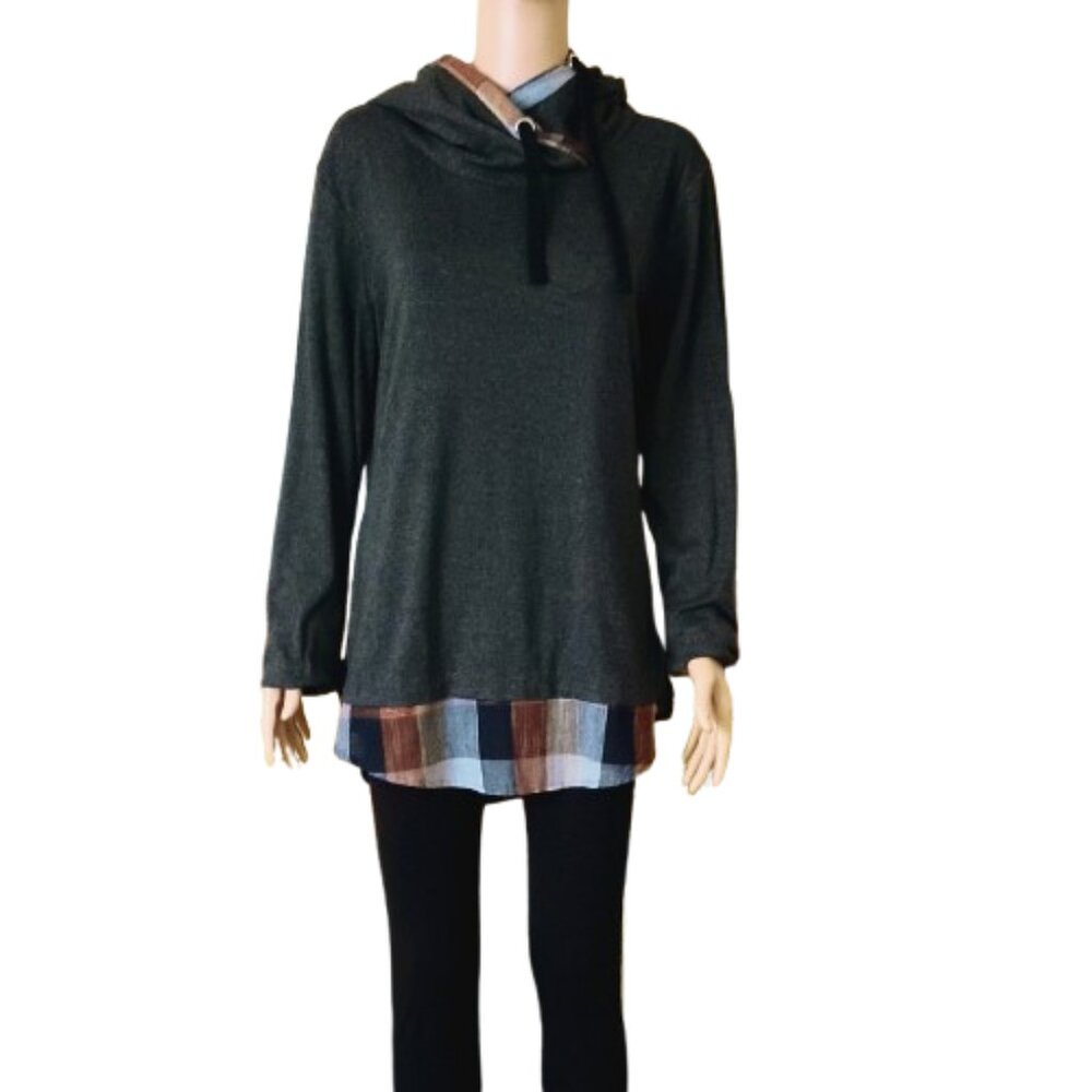 DJT Pull Over Gray Hoodie Top XL Long Sleeve Plaid Trim Stretch